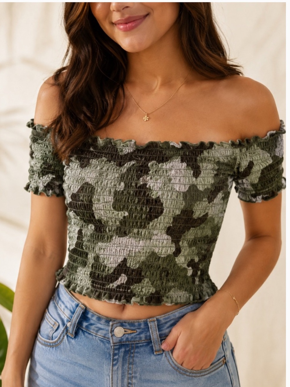 Fashion Nova Green Camo Off-Shoulder Smocked Crop Top MEDIUM NWT
